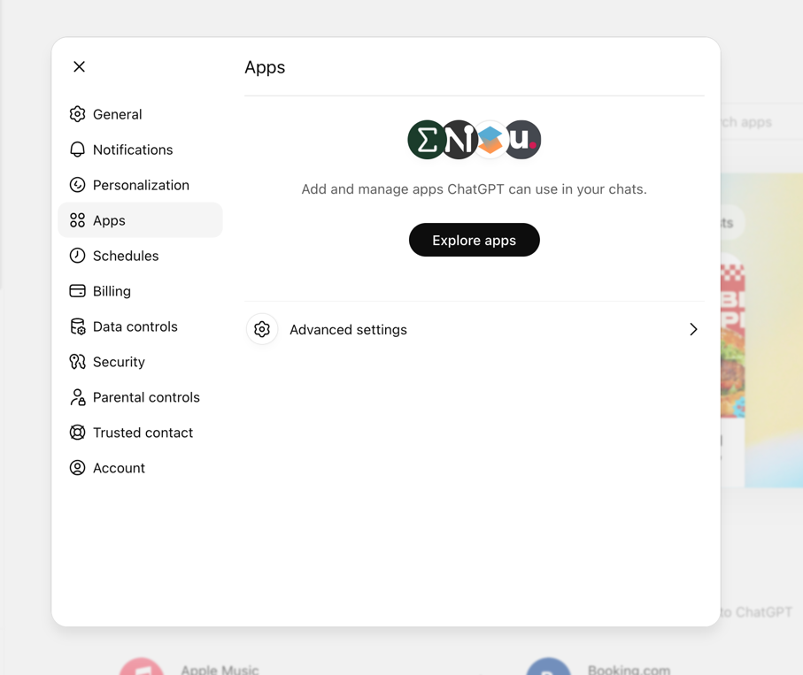 ChatGPT Settings → Apps page with Advanced settings link
