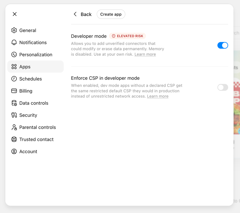 ChatGPT Apps → Advanced settings with Developer mode toggle on and a Create app button