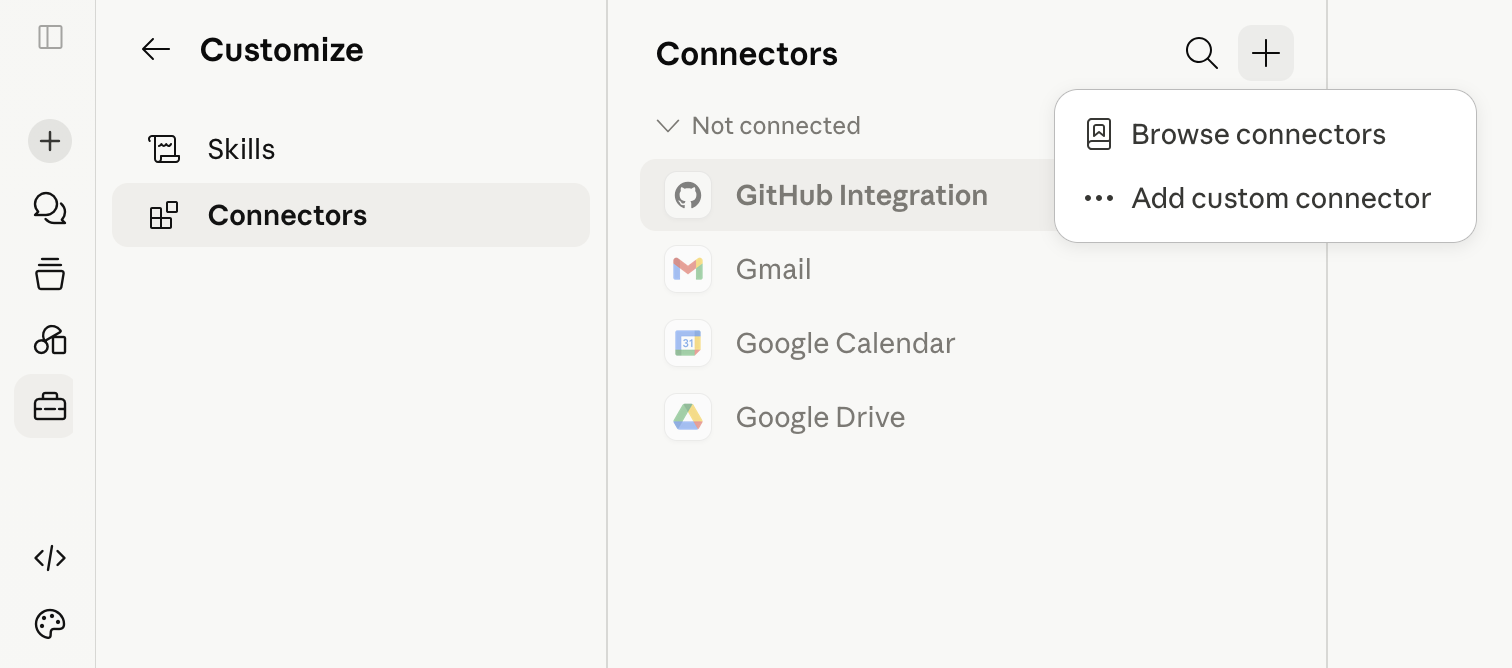 Claude Customize → Connectors with the + menu showing Add custom connector