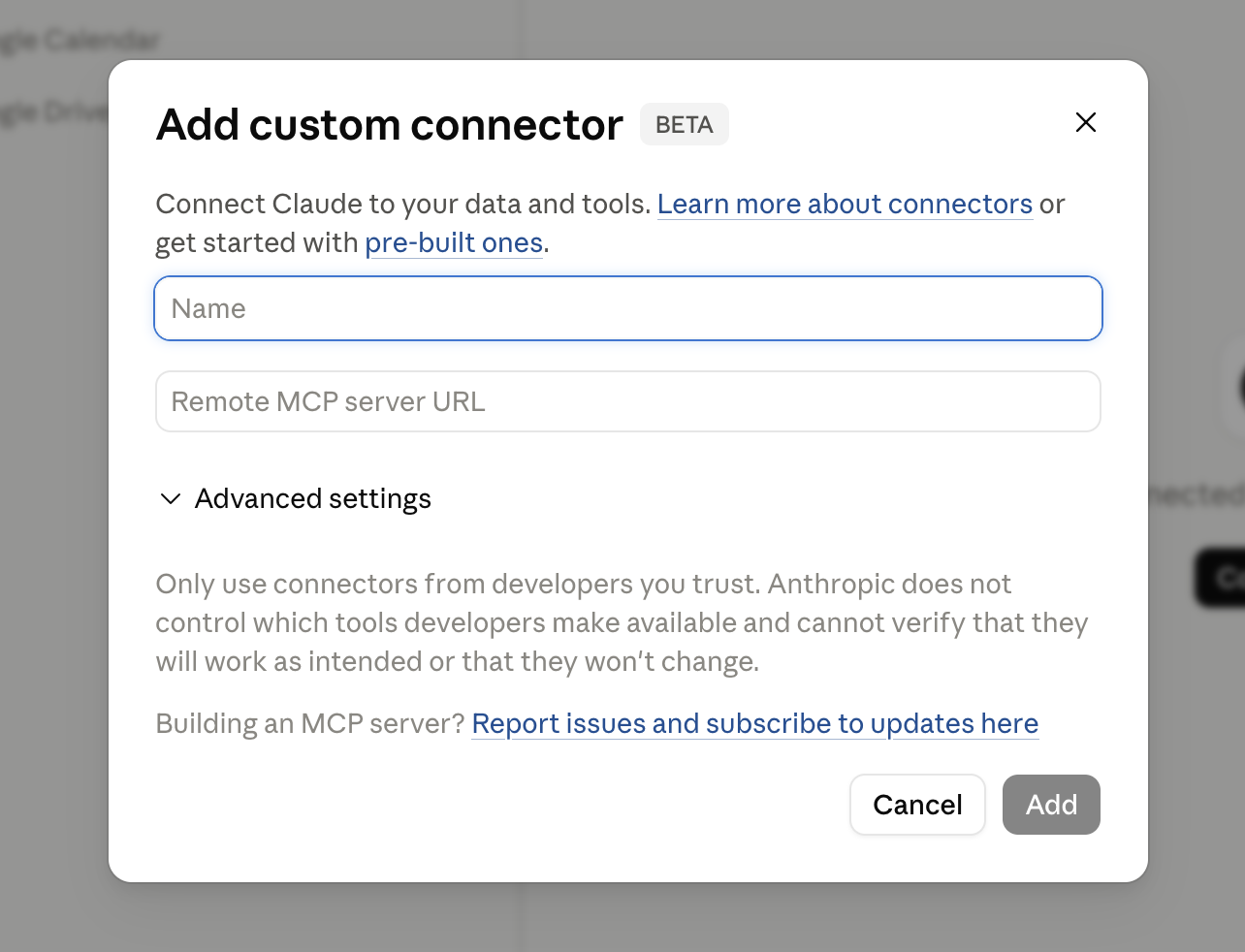Claude Add custom connector dialog with Name and Remote MCP server URL fields