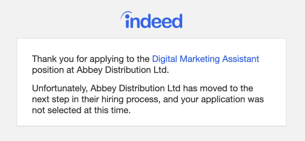 A screenshot of an Indeed job application rejection email. 