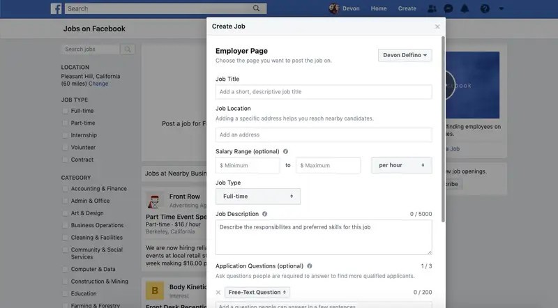 A screenshot of Facebook's "Create Job" interface for posting a job listing. 