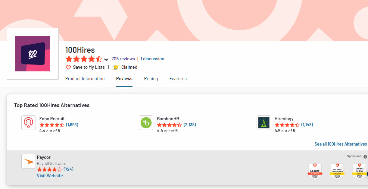 A screenshot of the 100Hires product page on G2