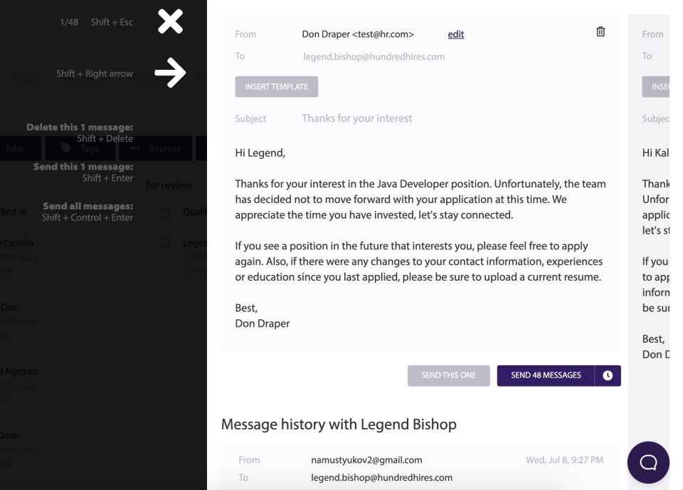 A screenshot of an email communication interface from 100Hires