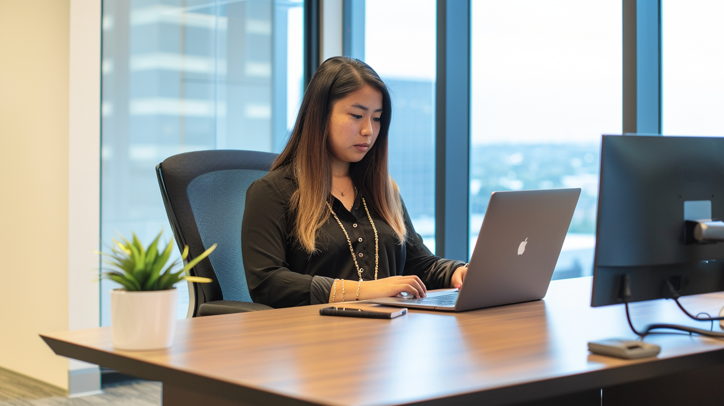 A woman with long hair is sitting at a desk in an office, working on a laptop