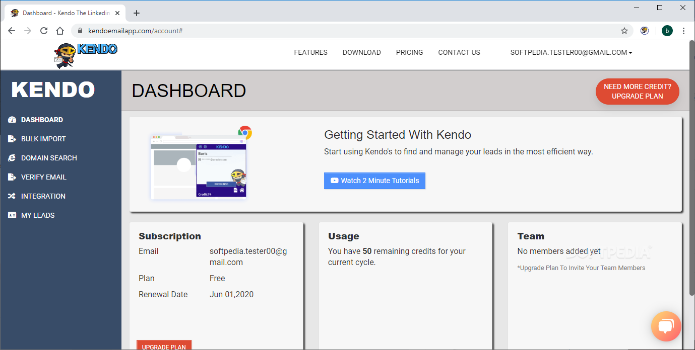 A screenshot of the Kendo dashboard. The dashboard displays a navigation menu on the left with options for Dashboard, Bulk Import, Domain Search, Verify Email, Integration, and My Leads. 