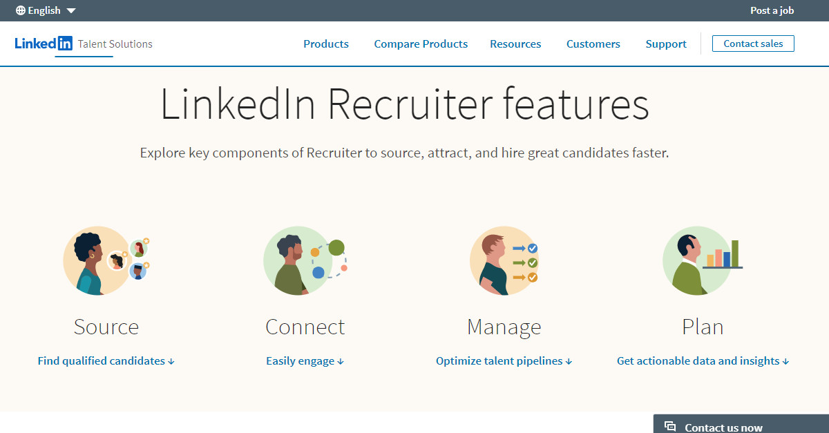 A screenshot of the LinkedIn Recruiter features page.