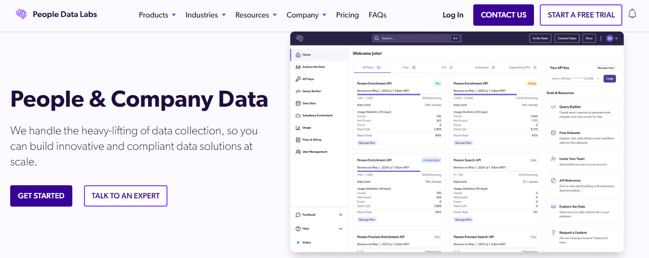 A screenshot of the People Data Labs website. The page headline reads 'People & Company Data,' with a subheading stating, 'We handle the heavy-lifting of data collection, so you can build innovative and compliant data solutions at scale.'