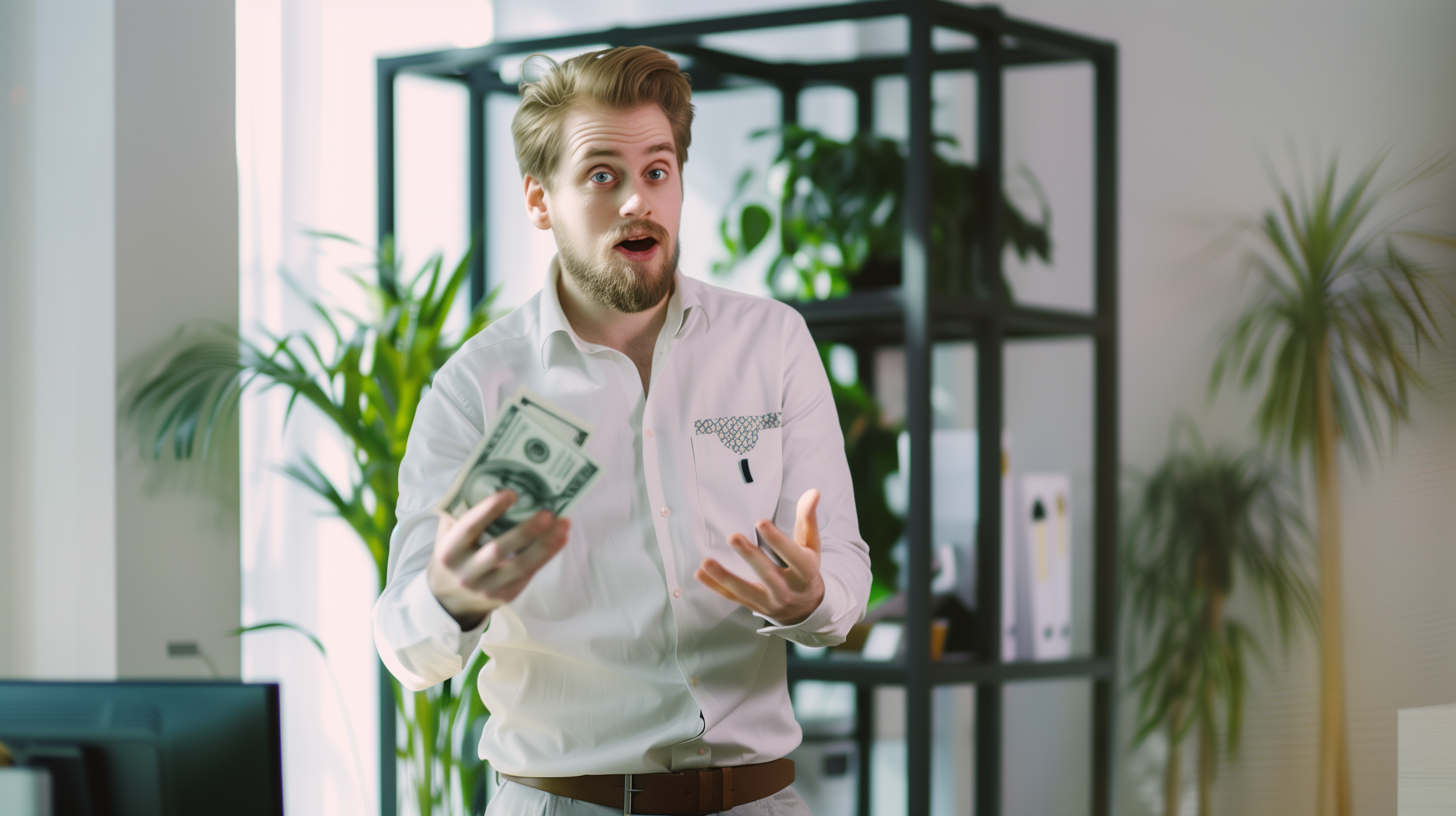 A man with a surprised expression, holding a stack of cash in one hand, stands in a modern office environment