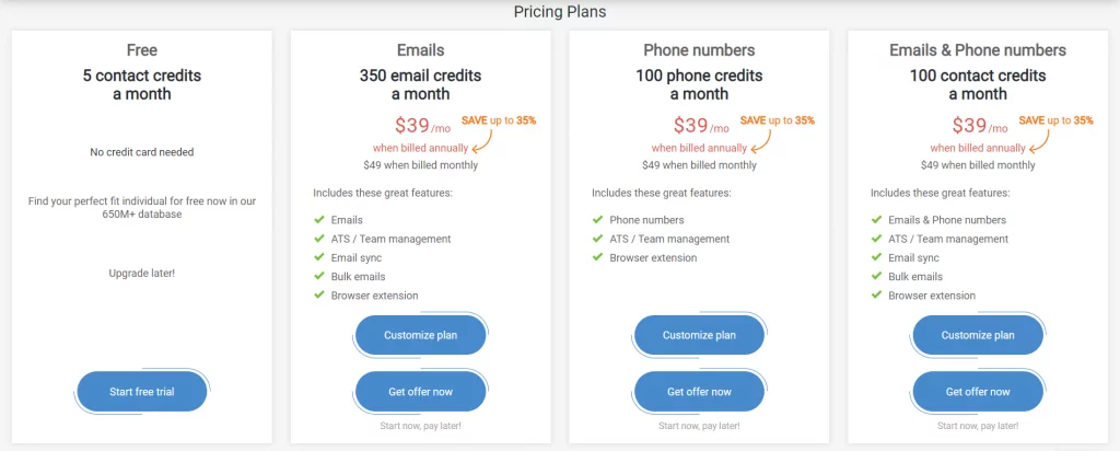 SignalHire pricing plans display with free and various monthly subscription options