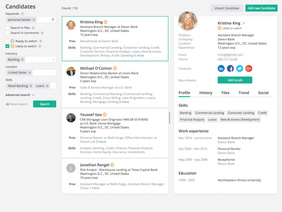 SignalHire recruitment tool with candidate search results and detailed profile view