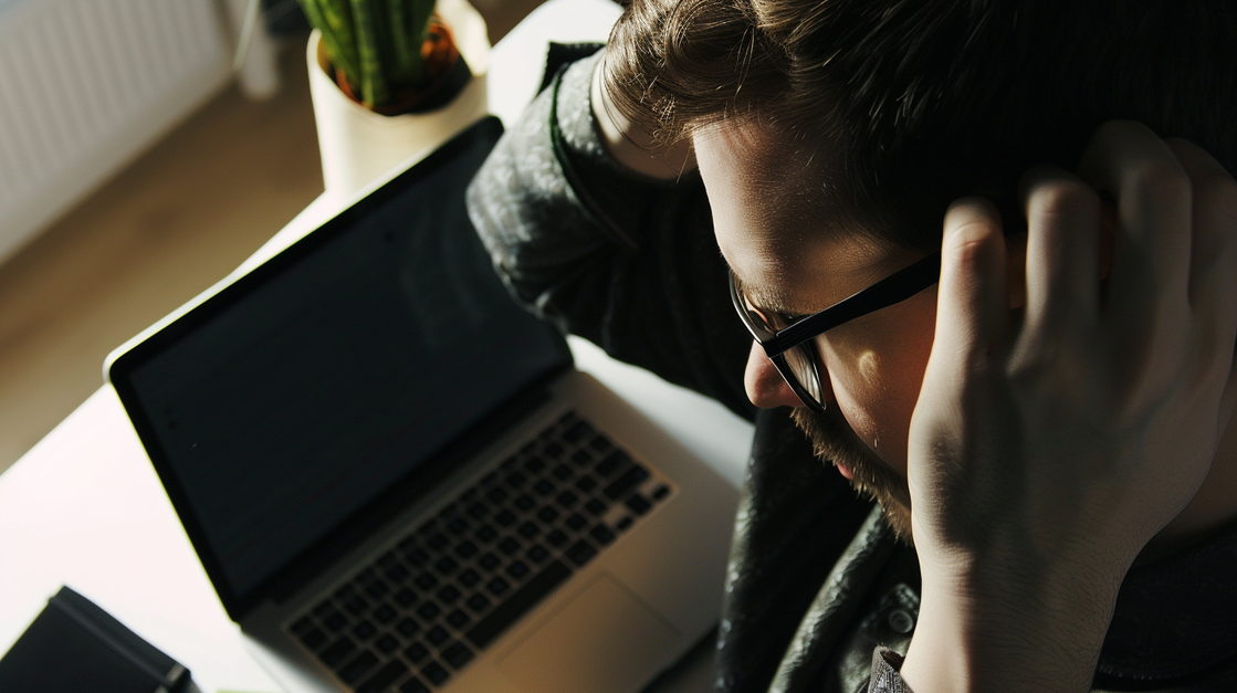 A man wearing glasses sits at a desk with his hands on his head, looking stressed. In front of him is an open laptop, and there is a potted plant in the background