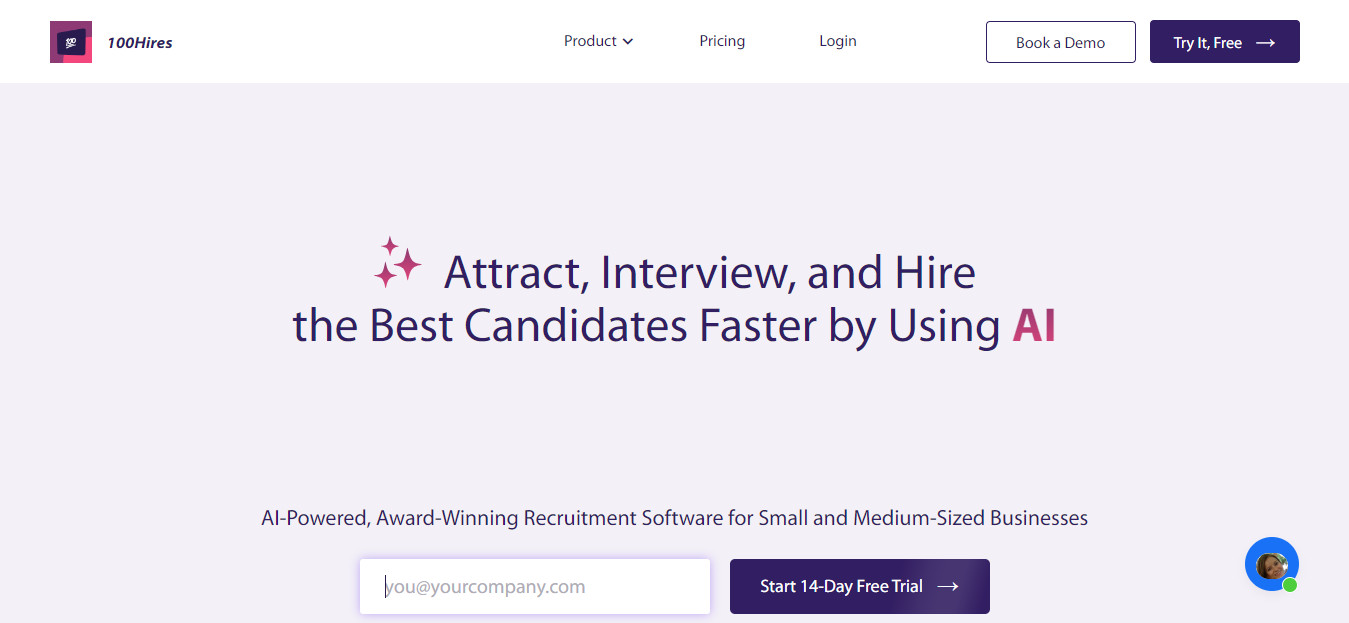 100Hires homepage promoting AI-powered recruitment software with a 14-day free trial