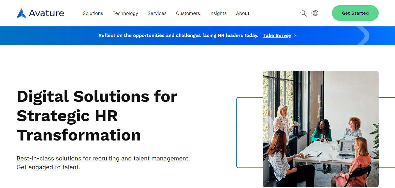 Screenshot of the Avature website showcasing HR solutions for digital transformation