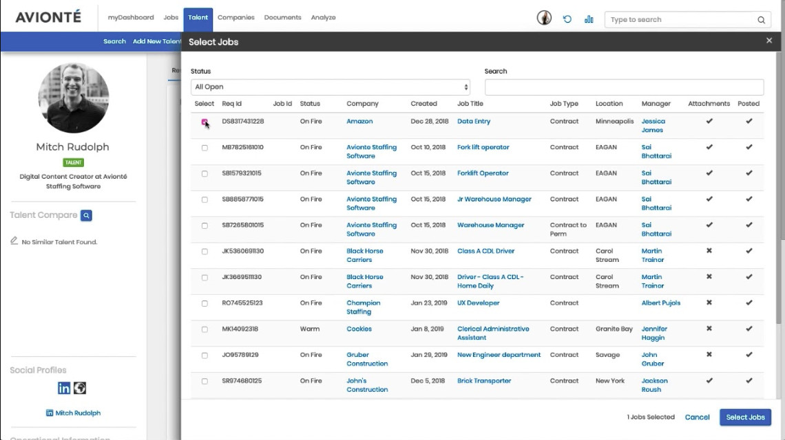 Screenshot of the Avionté Staffing Software platform interface showing the "Select Jobs" window