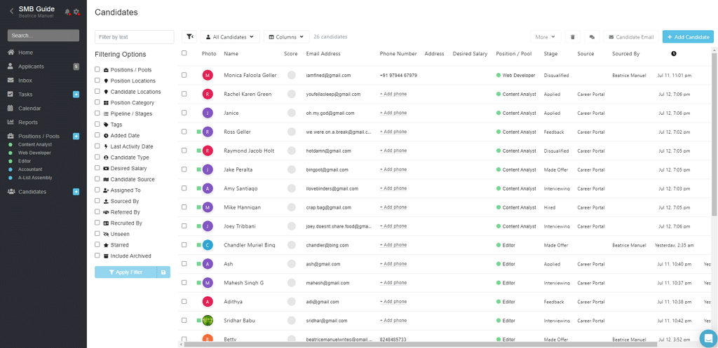 Breezy HR candidate management interface showing a list of candidates with details such as name, email, phone number, position, stage, and source