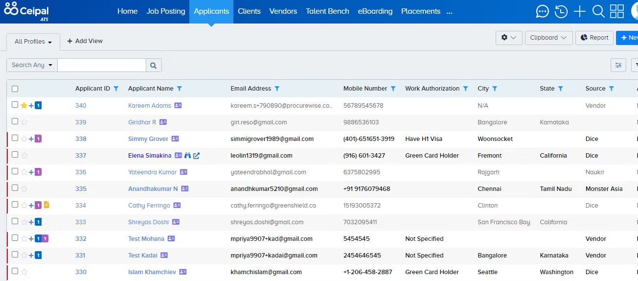 Screenshot of the Ceipal ATS platform showing the "Applicants" section