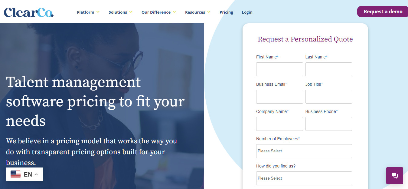 ClearCompany's pricing page with a title that reads 'Talent management software pricing to fit your needs,' followed by a statement about transparent pricing models