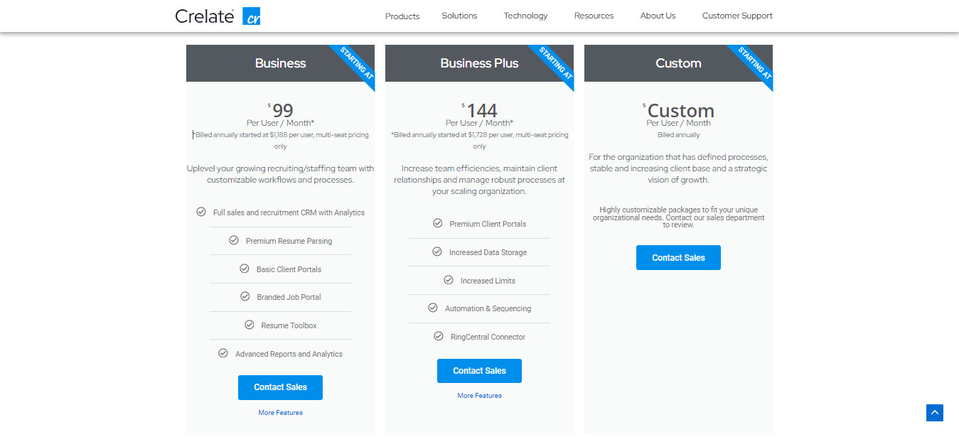 Three-tier pricing options for Crelate software displayed side by side