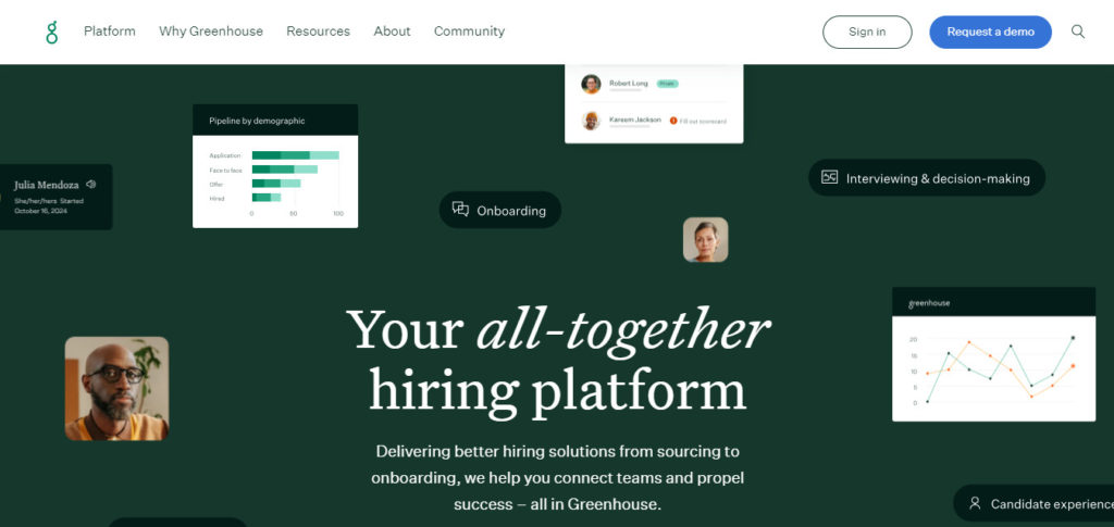 Greenhouse homepage highlighting an all-in-one hiring platform with features like onboarding, interviewing, and decision-making tools