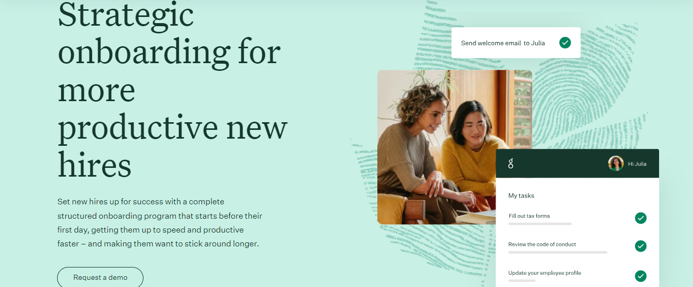 Greenhouse onboarding page emphasizing strategic onboarding for productive new hires, with a demo request button