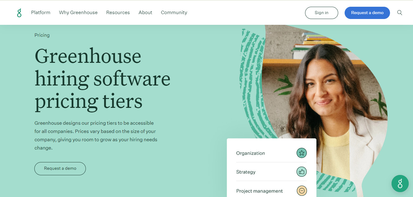 Greenhouse hiring software pricing page with a mint green background, large headline reading 'Greenhouse hiring software pricing tiers,' and text describing Greenhouse's accessible pricing based on company size