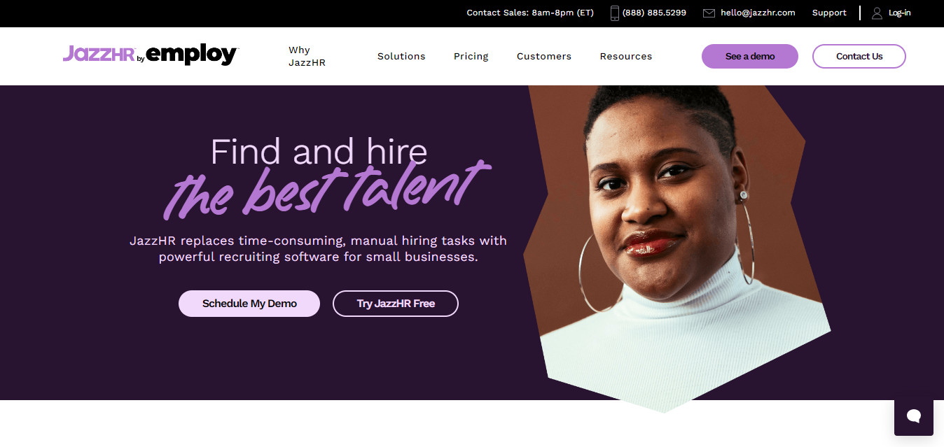 JazzHR homepage with a message to 'Find and hire the best talent,' promoting recruiting software for small businesses. Features options to schedule a demo or try JazzHR for free