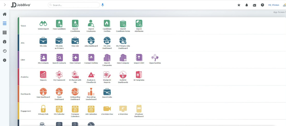 Screenshot of the JobDiva platform's main dashboard interface, showing an extensive selection of tools organized by categories