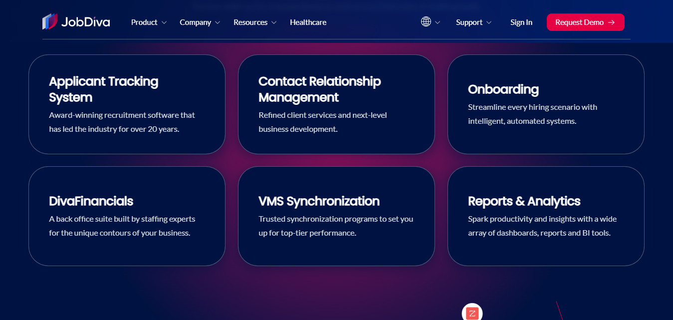 Screenshot of the JobDiva website presenting key features of its all-in-one recruiting platform