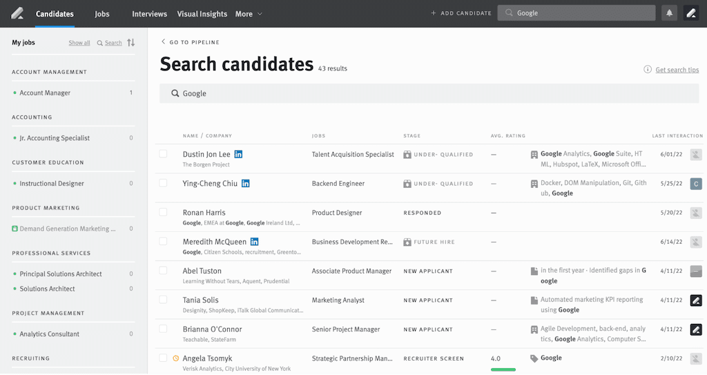 Lever candidate search interface showing a list of candidates with details such as name, job title, company, stage, rating, and last interaction date. Includes options to filter by job category and add new candidates