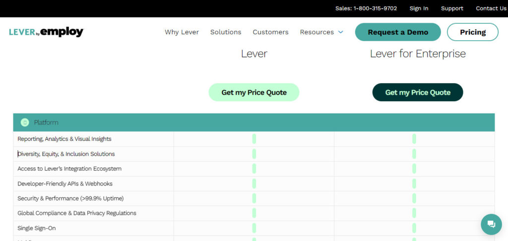 Lever pricing page with options to get a price quote for standard and enterprise plans