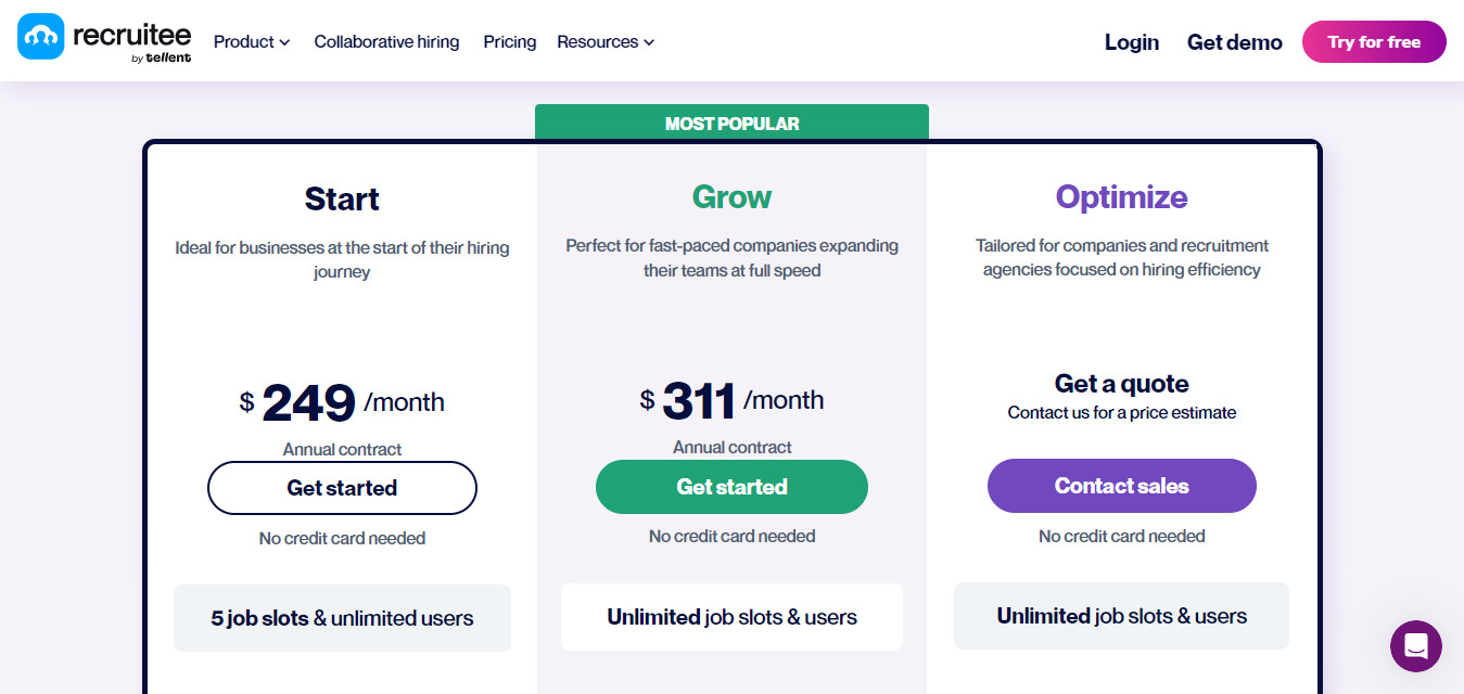 Recruitee pricing plans with three options