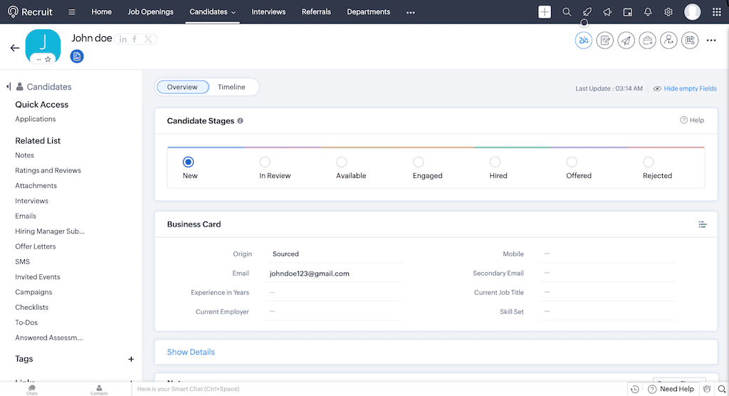 Zoho Recruit candidate profile interface showing candidate stages from 'New' to 'Rejected,' business card details, and quick access to related lists such as notes, ratings, emails, and offer letters