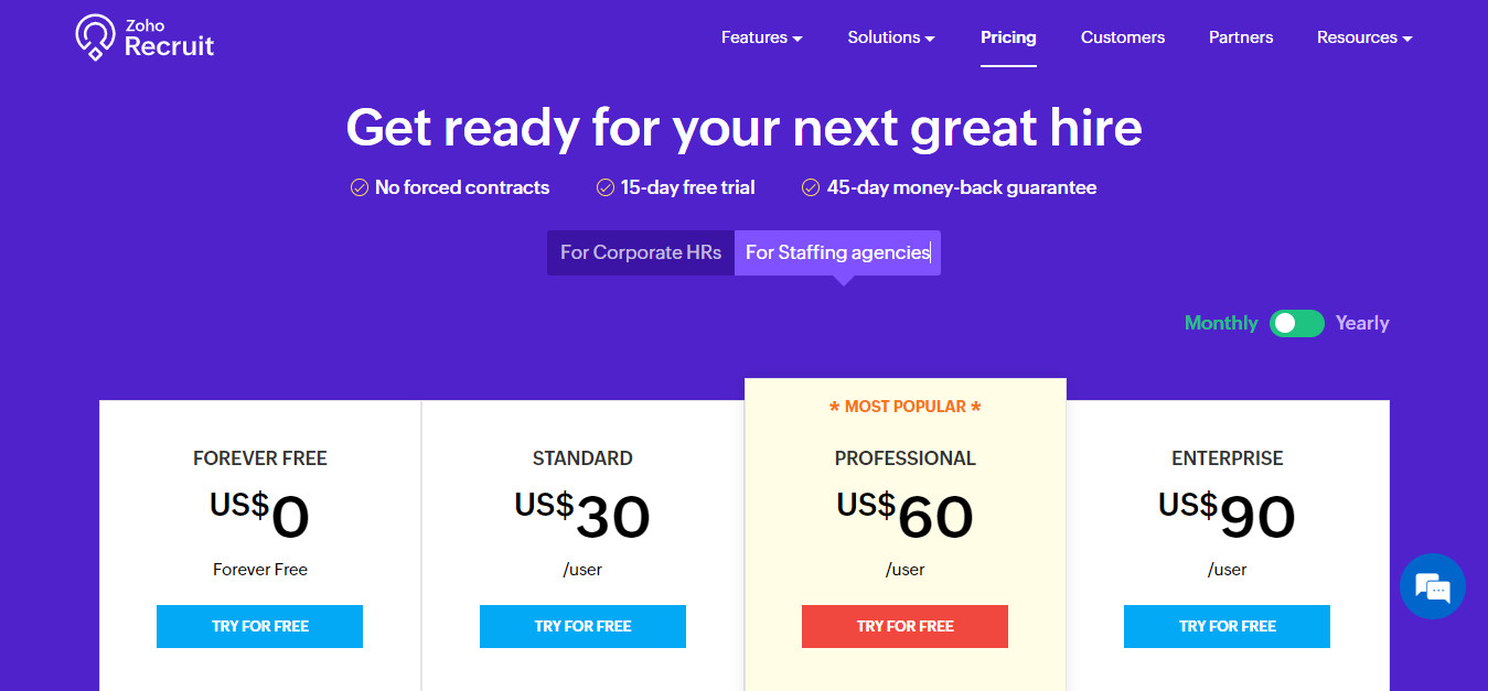 Zoho Recruit pricing options: Forever Free, Standard at $30/user, Professional at $60/user, and Enterprise at $90/user, with monthly and yearly billing options, and a 15-day free trial