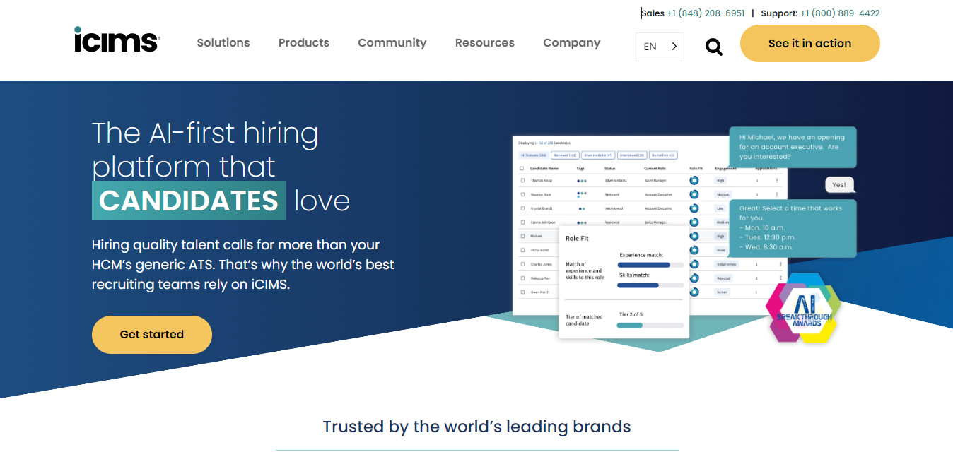 iCIMS homepage promoting an AI-first hiring platform designed to enhance candidate experience, with visuals showcasing candidate matching features and interactive messaging options. Includes a 'Get started' button