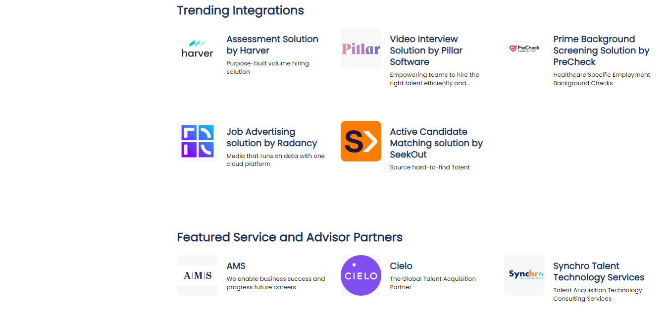 iCIMS integrations page featuring trending solutions