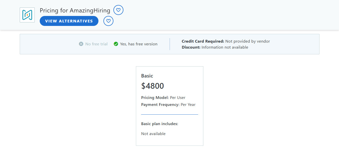 Screenshot showing AmazingHiring pricing from software review directories