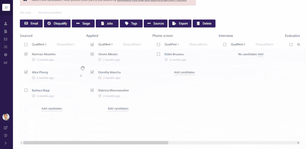 Animated GIF showing 100Hires ATS drag-and-drop pipeline, where a candidate is moved from the “Applied” column to the “Phone screen” column using a visual workflow board.