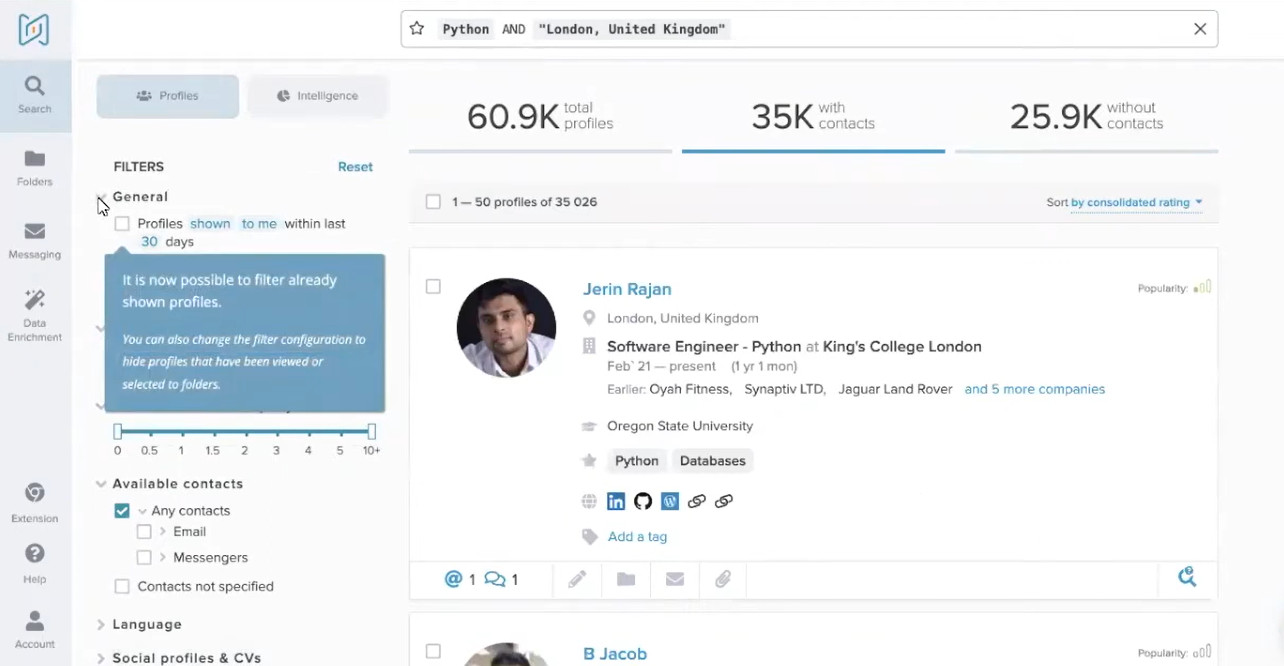 Sourcing tool interface showing search results for Python developers in London with filters and candidate details