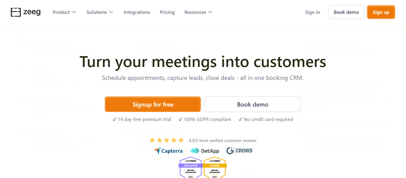 Zeeg homepage showing a tagline that reads 'Turn your meetings into customers' with Signup for free and Book demo buttons