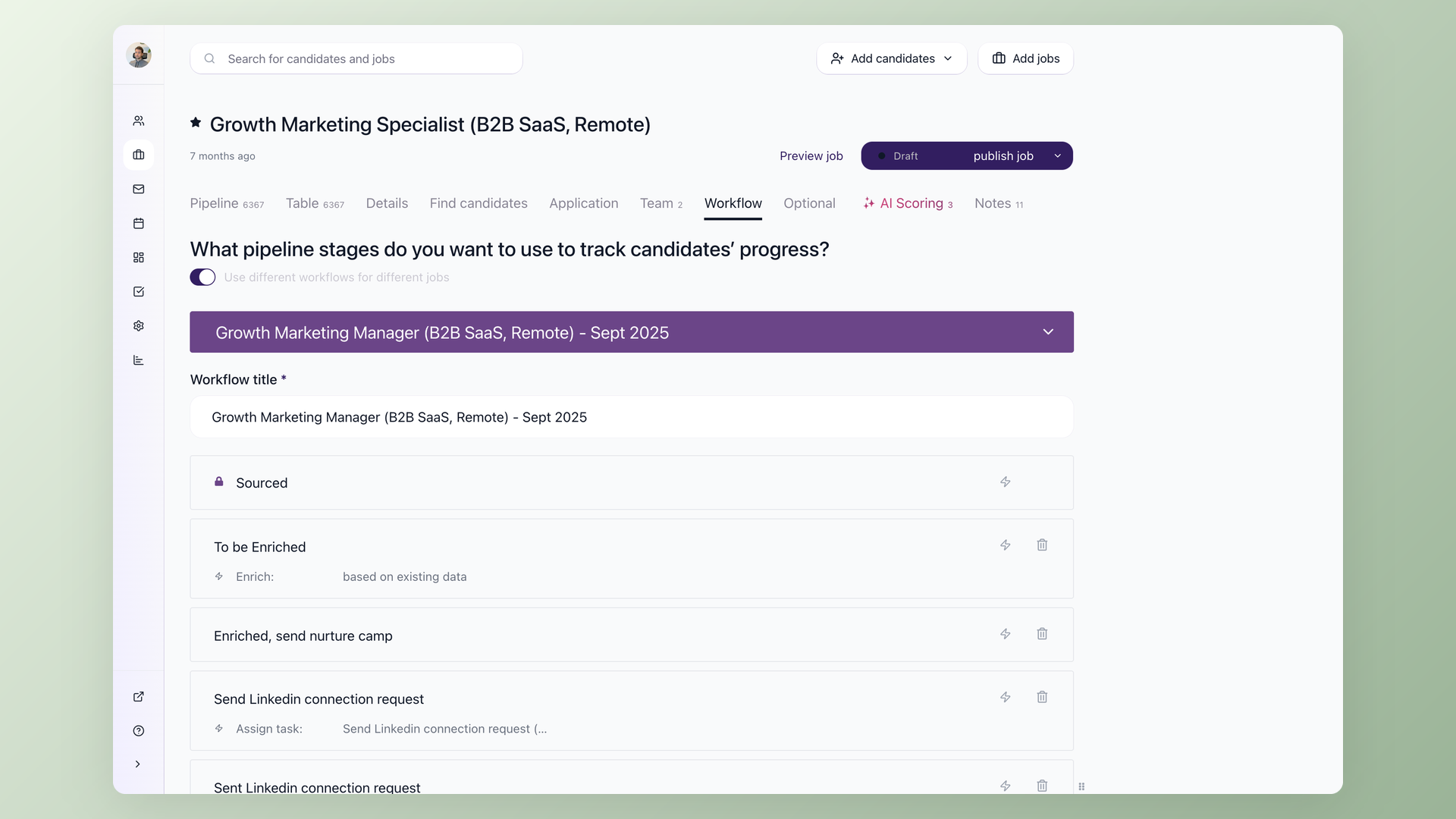 100Hires workflow editor showing pipeline stages with disqualify-if rules and AI score thresholds per stage