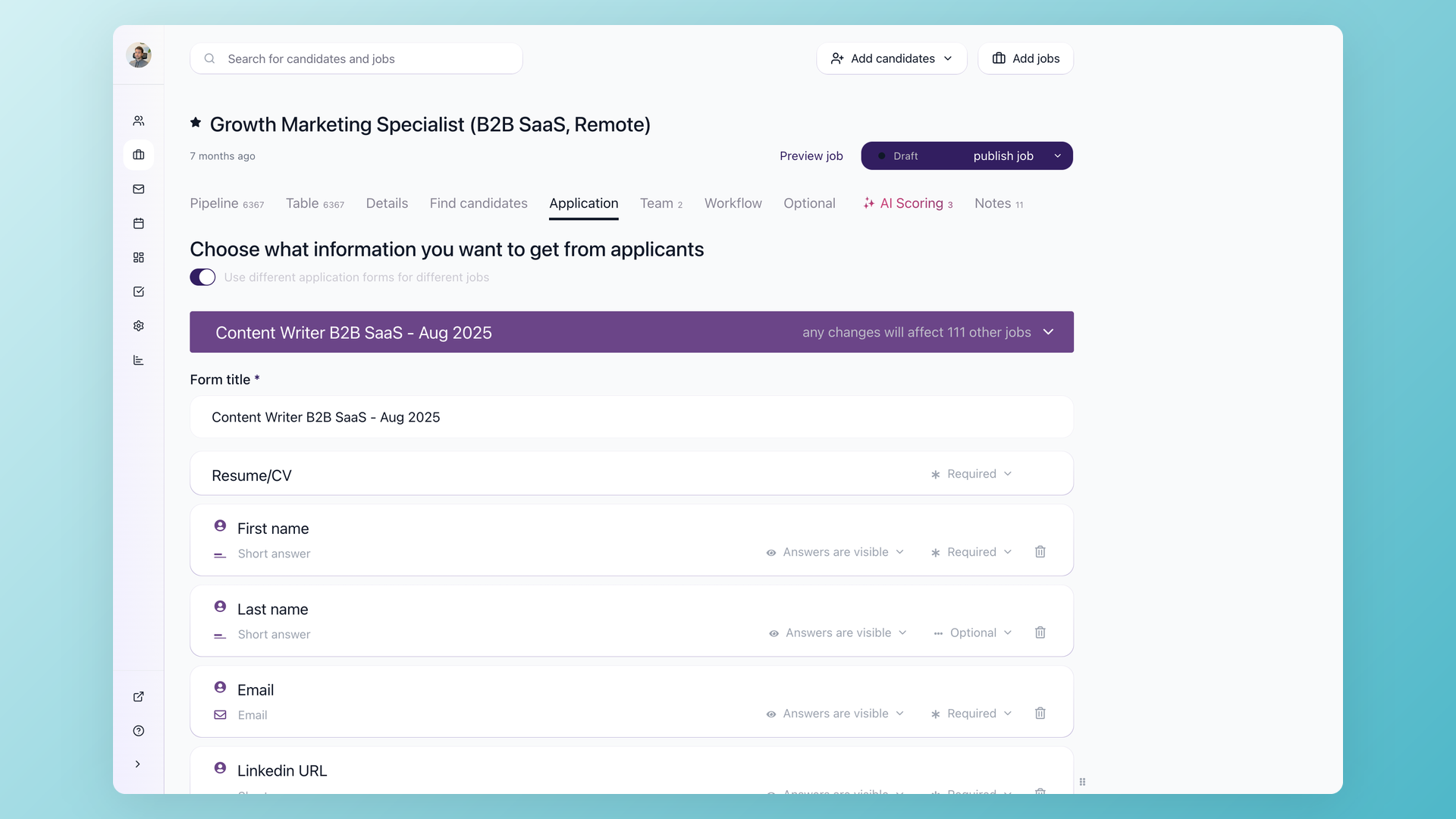 100Hires application form builder with Resume, First name, Last name, Email, LinkedIn URL fields
