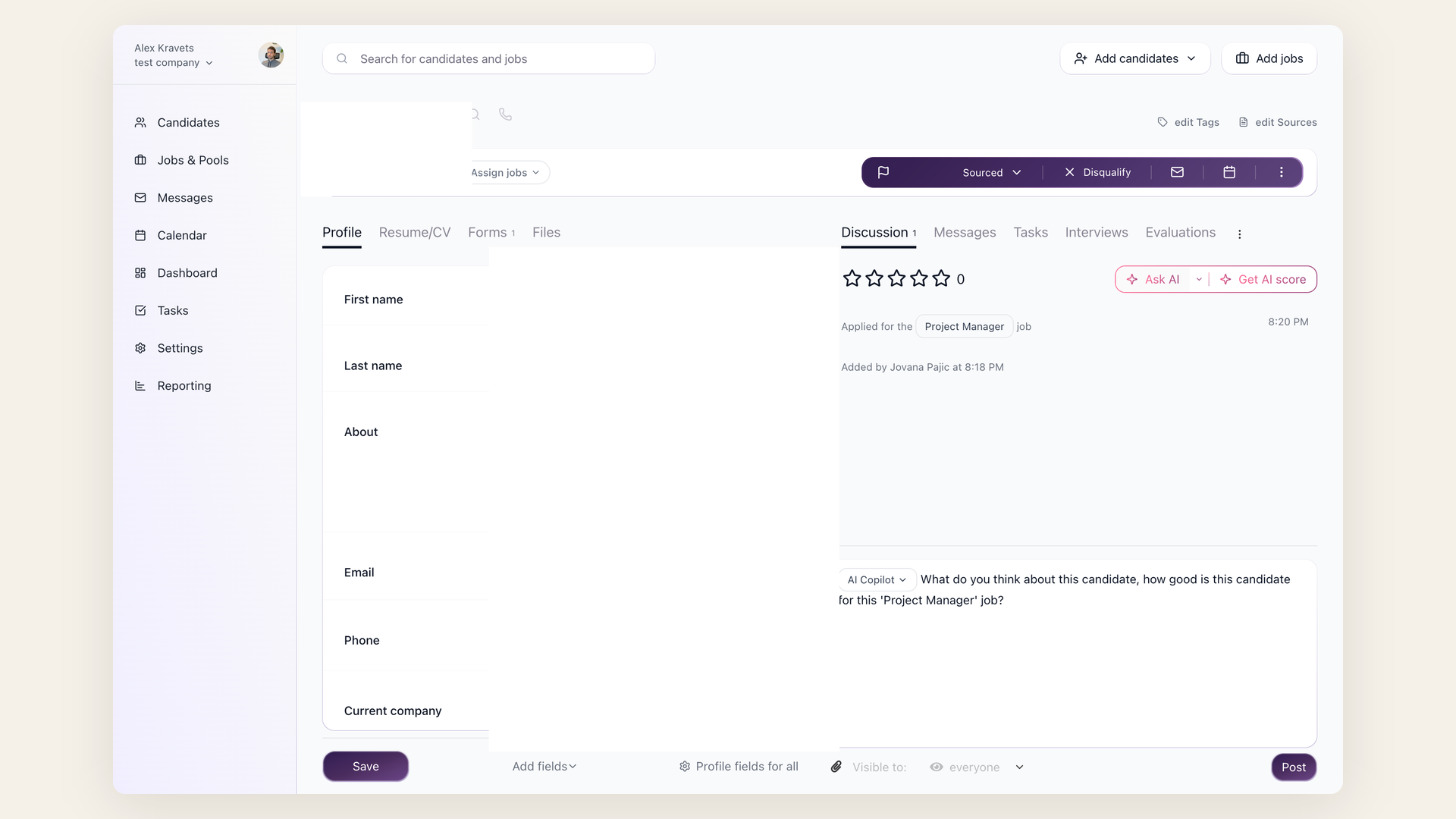 100Hires AI Copilot prompt dropdown