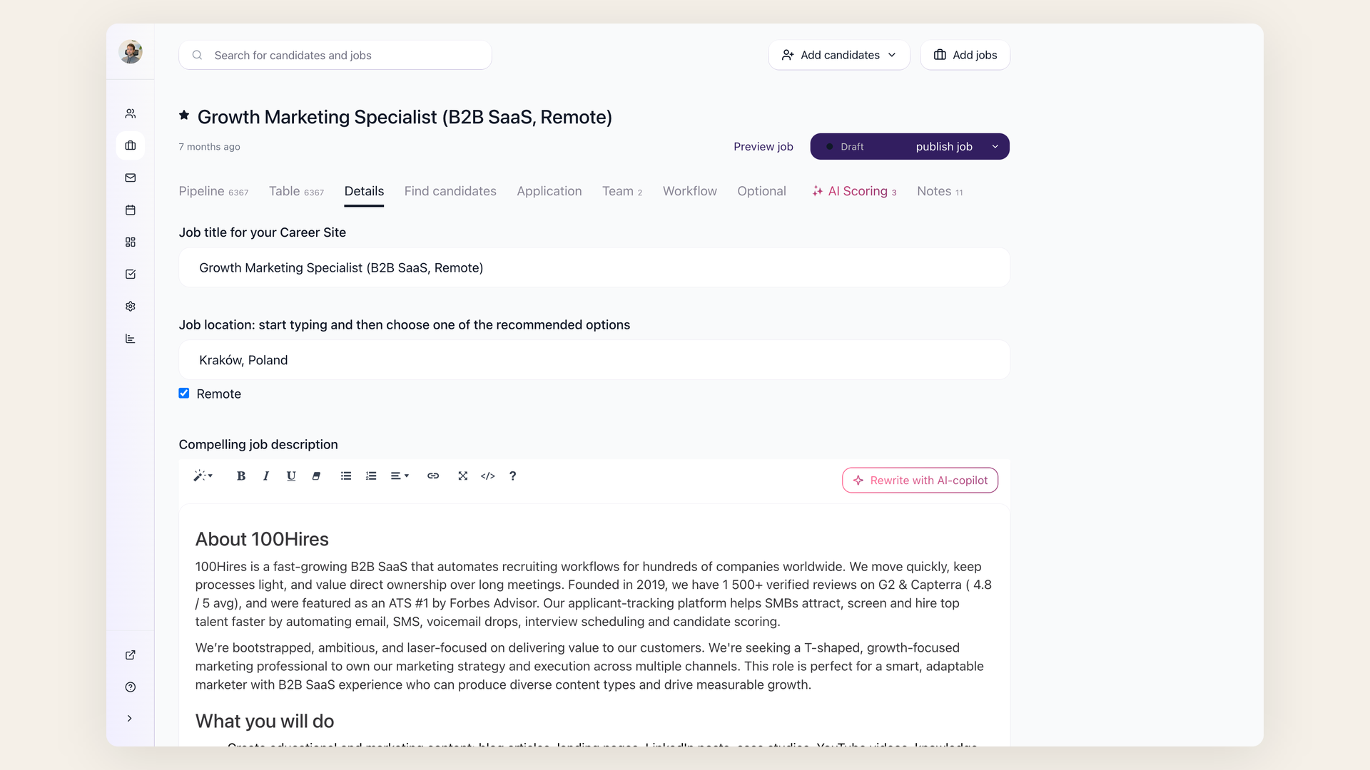 100Hires job description editor with AI co-pilot rewrite button