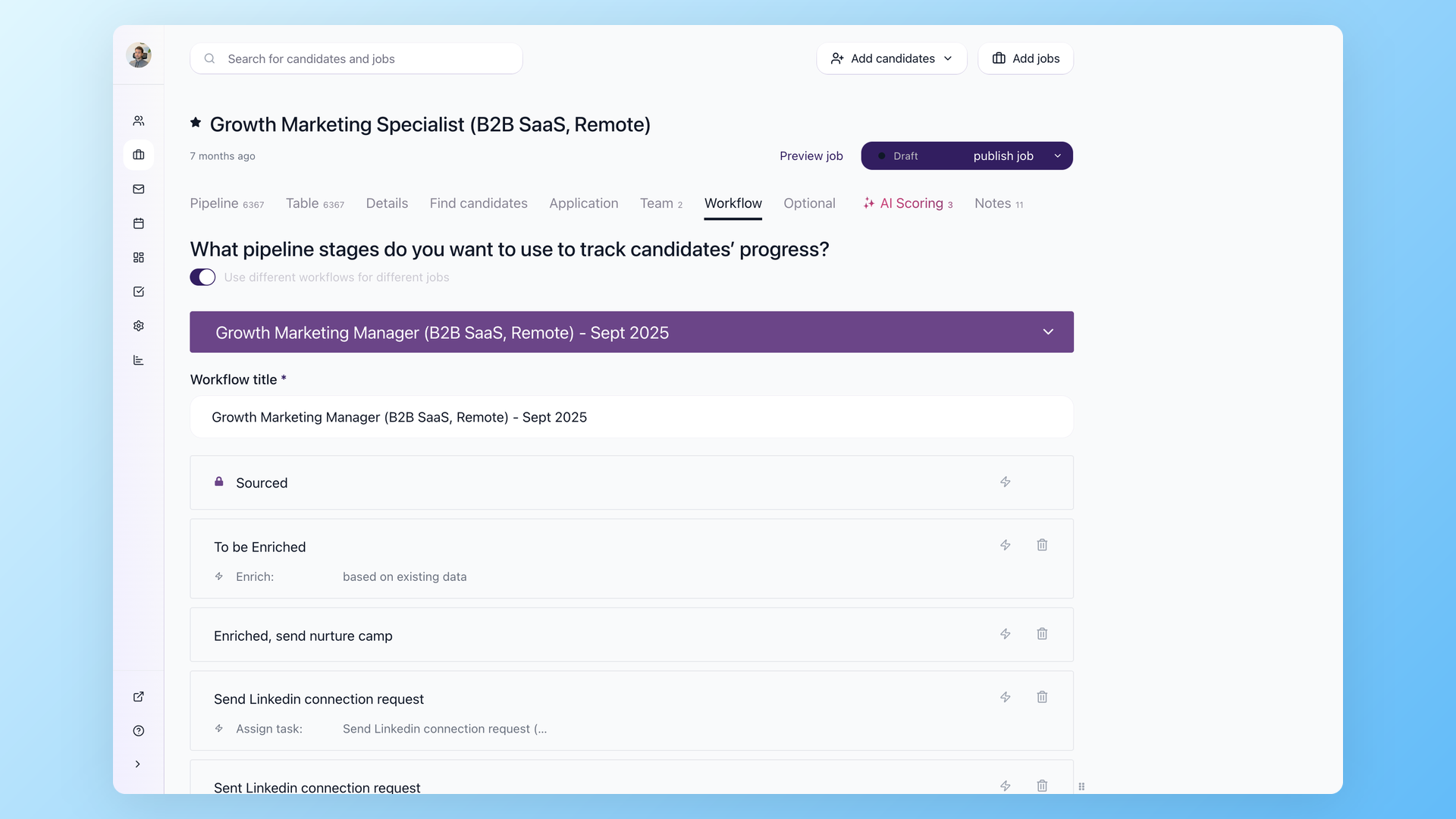 100Hires workflow stages config screen showing recruiting pipeline setup