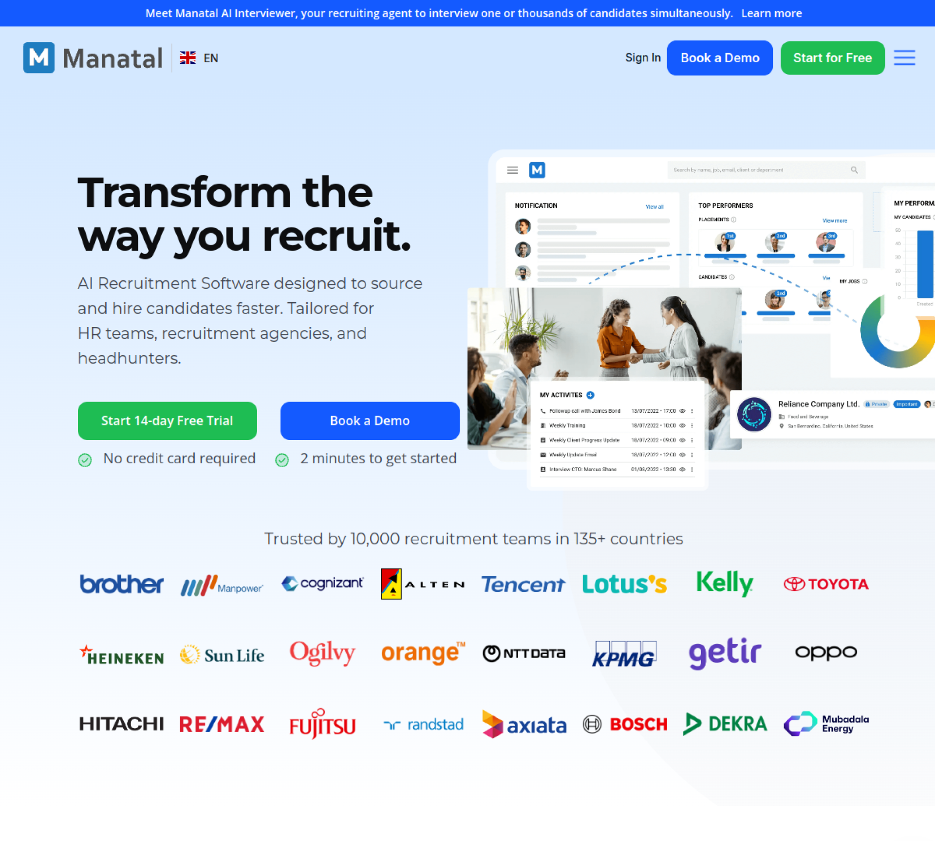 Manatal homepage showing AI-powered recruitment software
