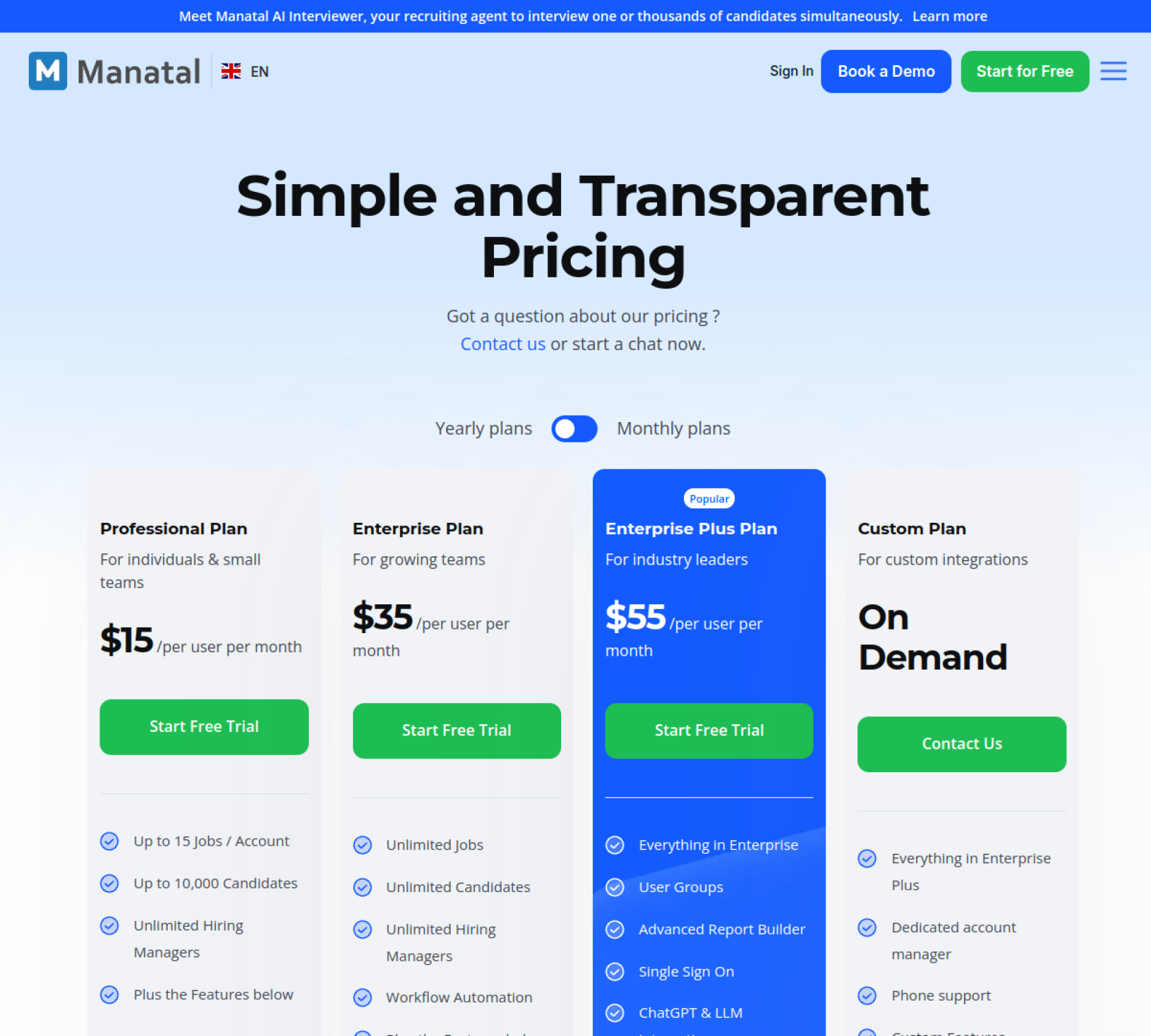 Manatal pricing plans starting at 15 dollars per user per month