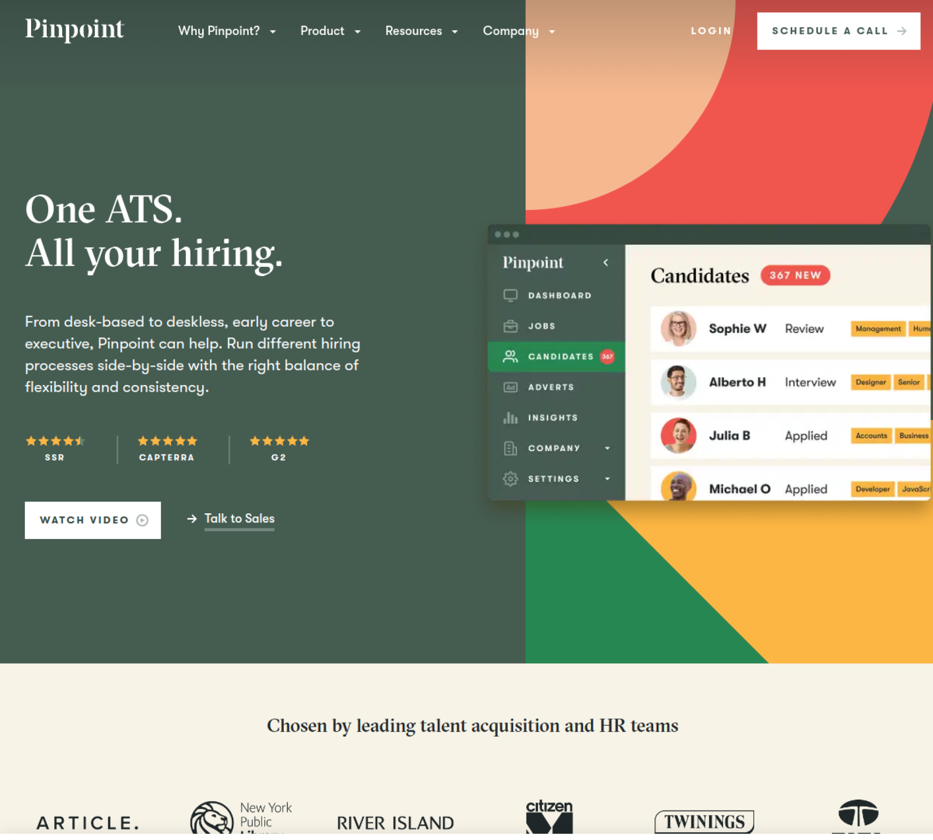 Pinpoint homepage showing the applicant tracking system for in-house teams