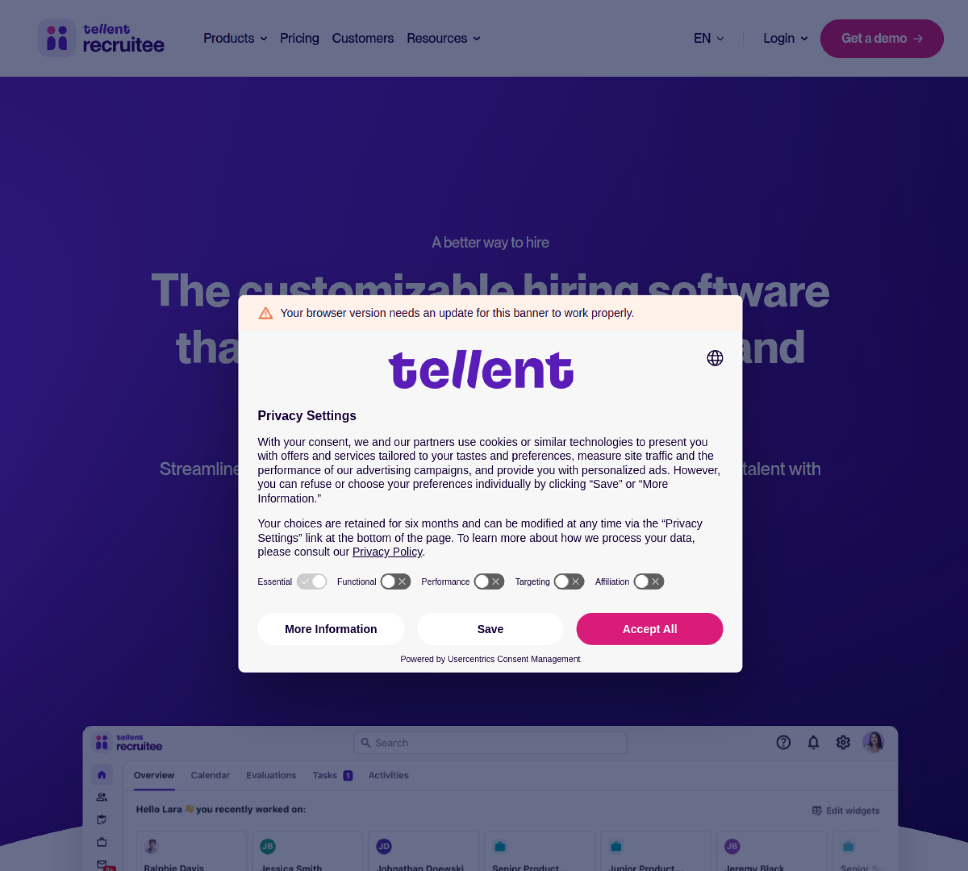 Recruitee Tellent homepage showing the collaborative hiring platform