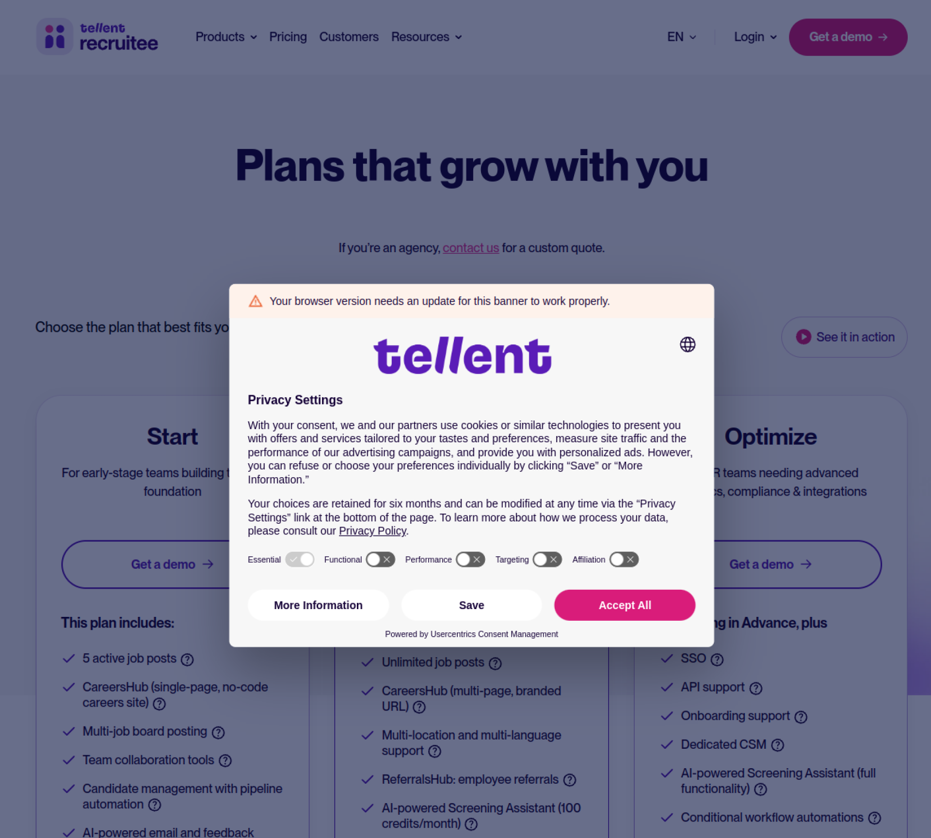 Recruitee Tellent pricing plans for collaborative hiring